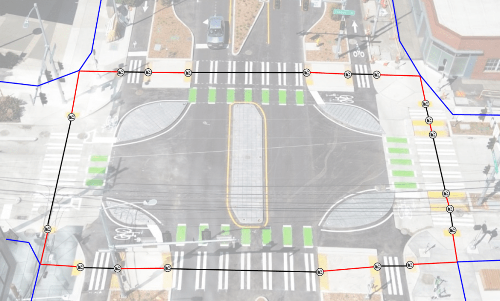 3D view of an intersection marked with the appropriate pedestrian elements. Black lines indicate crossings, red links, and blue sidewalks.
