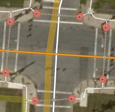 Screenshot of 8 curbs tagged at a 4 way intersection.