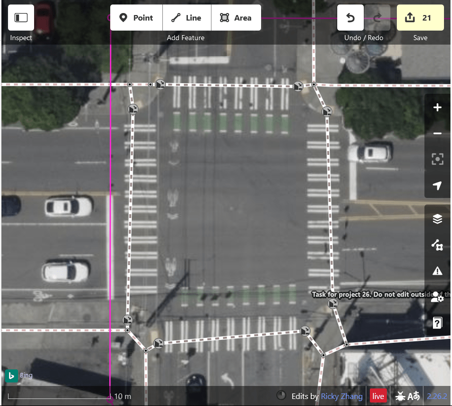 Screenshot of a corrected prediction made in the POSM Tasking Manager editor window.