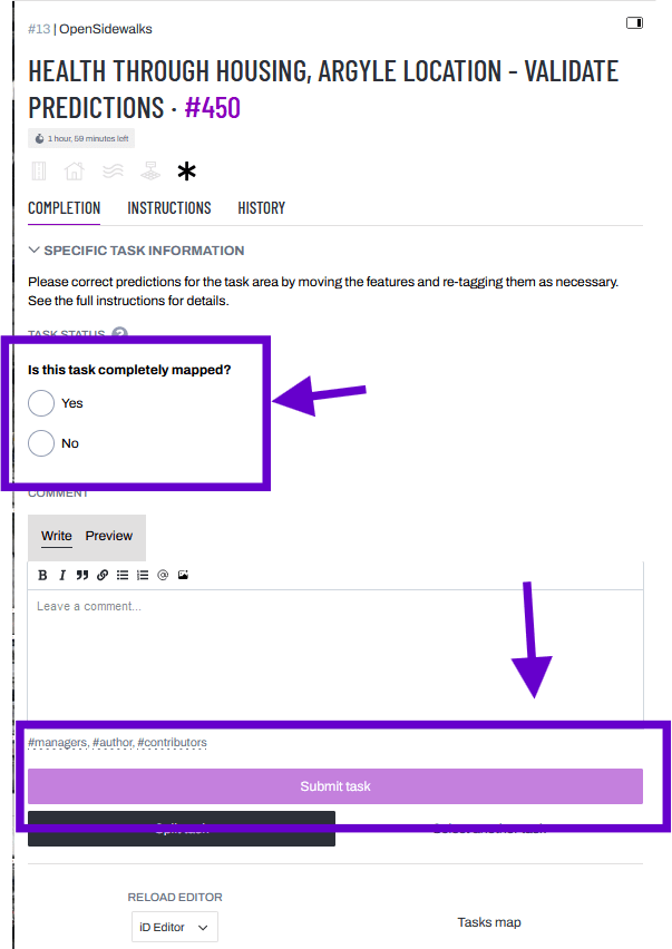 Screenshot of the POSM Task Management panel with purple arrows pointing to 'Is this task completely mapped?' and 'Submit task' at the bottom.