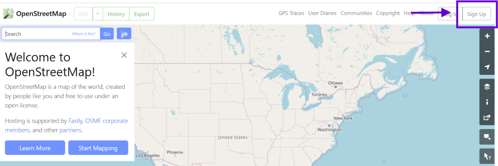 Screenshot of OpenStreetMap with a purple arrow pointing to the Sign Up button in the upper right corner.